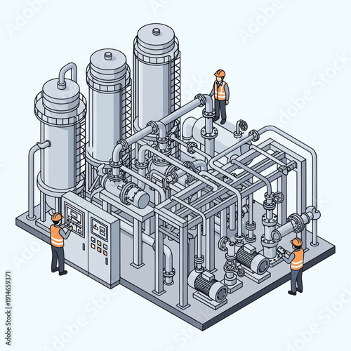 Industrial machinery with workers in safety gear.