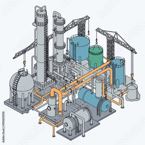 Industrial Plant with Pipes and Machinery.