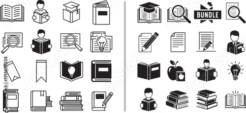 A comprehensive black and white icon set focused on literacy and study. Includes open books, people reading, magnifying glasses, graduation caps, apples, and lightbulbs for academic concepts.