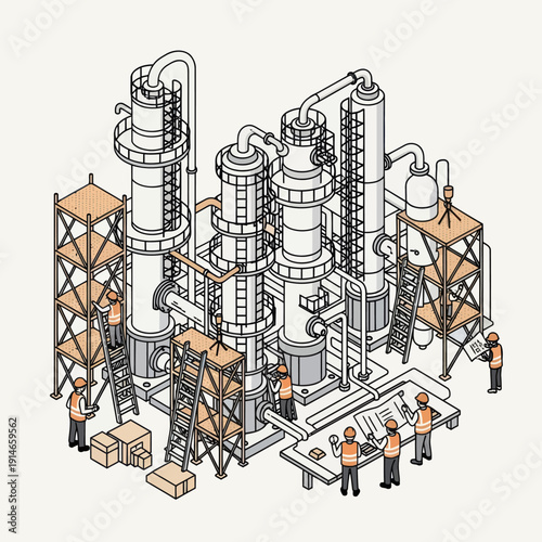 Industrial Factory with Workers and Equipment.
