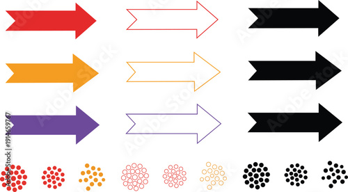 Collection of solid and outlined arrows in red orange purple and black with cluster