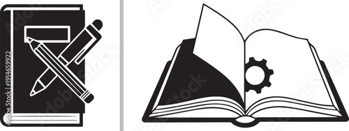Two black and white vector icons representing study and technical learning. Left: a book with a crossed pencil and pen. Right: an open book with a gear symbol on the page. Minimalist and clean.