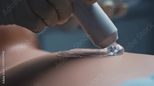 A medical professional uses an ultrasound probe with gel to scan a patient s body The procedure appears to be in a clinical setting focusing on internal imaging