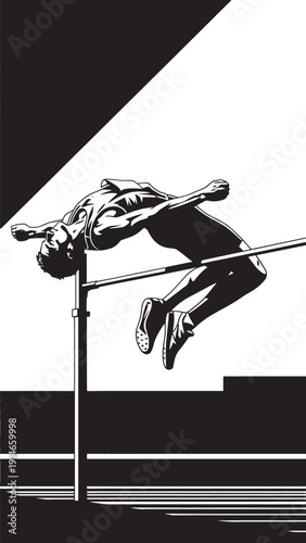 Athlete in mid jump clearing a hurdle within a monochrome geometric scene for dynamic sports action.
