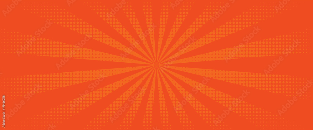 Fototapeta premium Pop art halftone background. Comic starburst pattern. Orange cartoon print with dots and beams. Superhero wow banner. Vintage duotone texture. Gradient backdrop. Vector illustration.