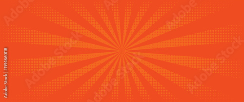 Pop art halftone background. Comic starburst pattern. Orange cartoon print with dots and beams. Superhero wow banner. Vintage duotone texture. Gradient backdrop. Vector illustration.