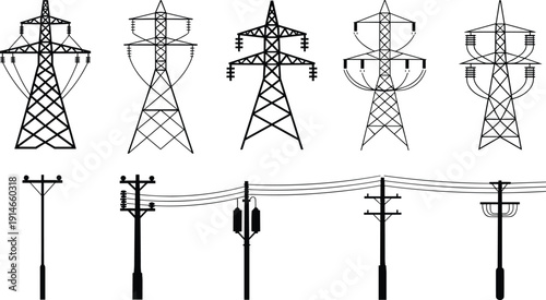High voltage transmission towers and utility poles vector collection, power lines, electricity infrastructure silhouettes, isolated black outline set