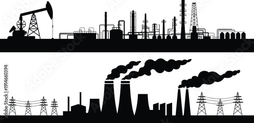 Industrial refinery and power plant skyline silhouette set, oil rigs, smokestacks, cooling towers, transmission lines, factory infrastructure, energy production vector illustration