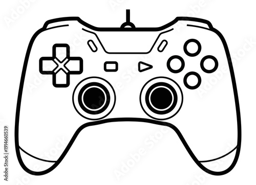 A black and white illustration of a video game controller, featuring dual analog sticks, a directional pad, and several action buttons, perfect for gaming-related content