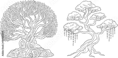 Intricate hand-drawn fantasy tree pair with swirling roots and hanging ornaments, zen bonsai style, detailed foliage, decorative line art for coloring