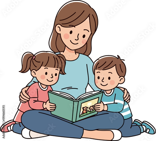 Woman reading to a little girl and boy.
