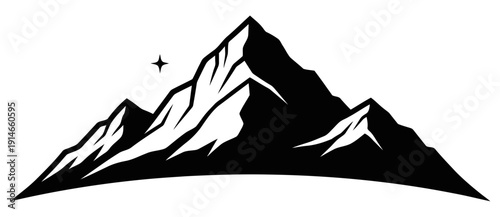 Striking black and white minimalist vector illustration of towering mountain peaks under a single guiding star, symbolizing grand alpine exploration, rugged adventure, and the untamed beauty of nature