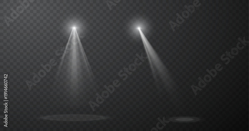 Set of realistic blue spotlight beams isolated on transparent vector background, stage lighting effects with glow and light rays for concert, show, presentation, cinema, event design composition.