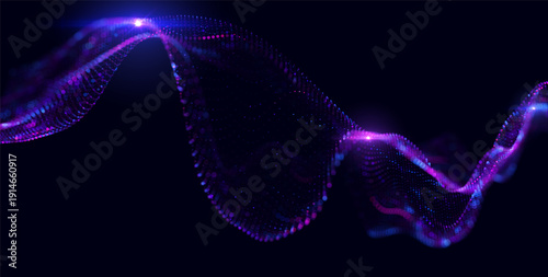 Futuristic data array visualization with flowing particle waves and digital interface representing big data analysis, pattern recognition, artificial intelligence, machine learning vector background