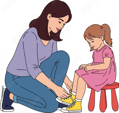 Woman helping a little girl tie her shoelaces.