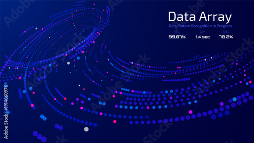 Futuristic data array visualization with flowing particle waves and digital interface representing big data analysis, pattern recognition, artificial intelligence, machine learning vector background