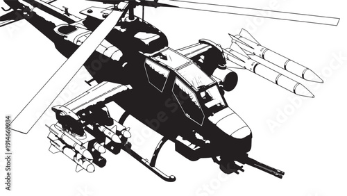 High-contrast black and white silhouette of a military helicopter in flight with rotor blades spinning.