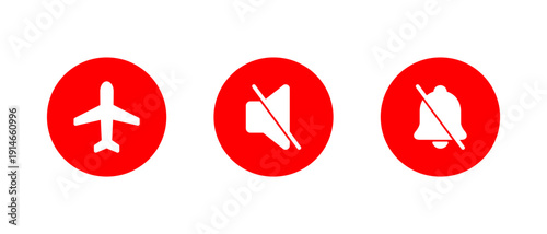 Airplane, mute, and silent bell mode icon in red circle. Flight, no sound, and notification off symbol