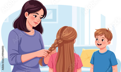 Woman braiding a girl's hair at home.