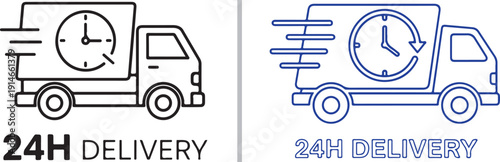 A minimalist line vector featuring a moving delivery truck with a clock on its side. It emphasizes fast shipping and 24-hour service with "24H DELIVERY" text in black and blue outline styles.