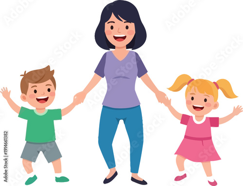 A woman and two happy children outdoors.