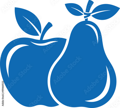 Bold blue vector illustration of an apple and a pear with leaves, symbolizing healthy eating, fresh produce, or organic food.