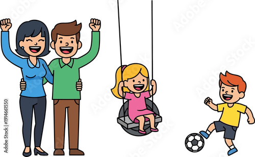 Happy family playing together outdoors.