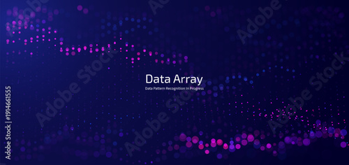 Futuristic data array visualization with flowing particle waves and digital interface representing big data analysis, pattern recognition, artificial intelligence, machine learning vector background