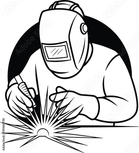 Professional welder working with protective mask vector illustration, metal welding sparks silhouette, industrial fabrication worker, workshop safety equipment, black outline icon