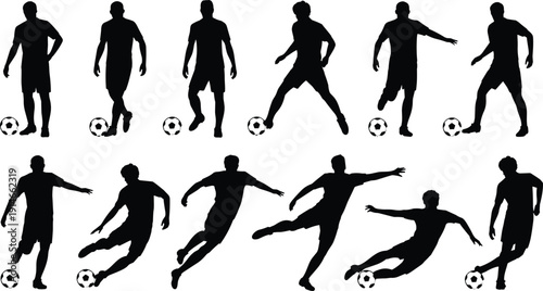 Soccer player silhouettes vector set, football action poses with ball, dribbling kicking running movements, sport activity illustration