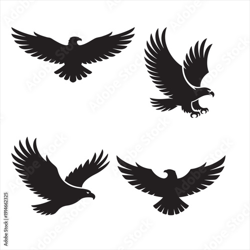 Flying eagle silhouette vector, wings fully spread, strong bold black shape, isolated white