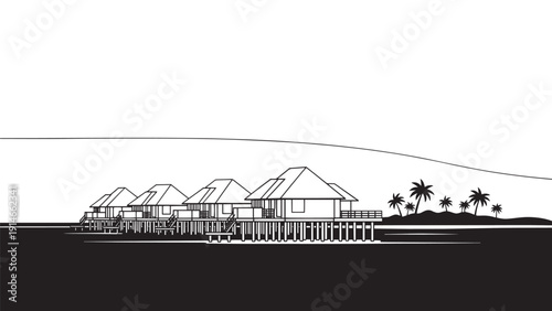 Overwater Bungalows Resort Along Calm Coastal Shoreline with Palm Trees and Silhouette.
