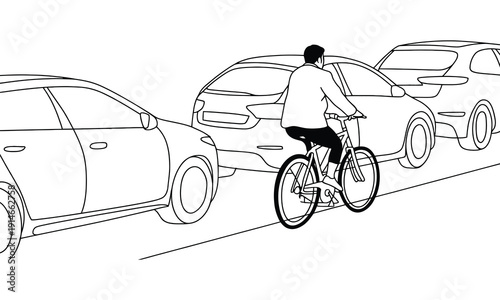 Cyclist riding in traffic scene, urban street cycling with vehicles, eco friendly transport and daily commute concept, road awareness and safety illustration, professional flat vector artwork.