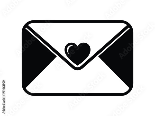 Black and white silhouette of an envelope with a heart seal, symbolizing love letter, romance, and heartfelt communication.