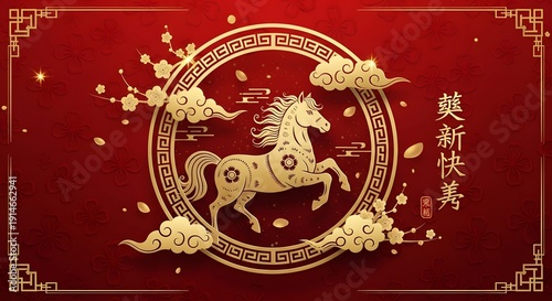 Chinese New Year Horse Symbol Golden Illustration on Red Background.
