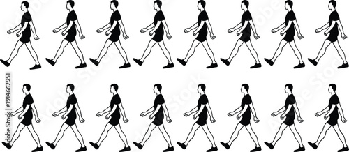 Walking man animation sequence with step by step motion, human walk cycle silhouette vector set isolated on white background