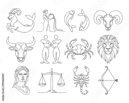 Zodiac Symbol Line Art Set, Minimal Outline Horoscope Illustration Collection
