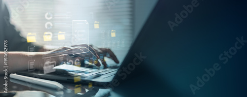 Foto User downloading personal data archive on laptop, representing data export request, account privacy control, document storage, compliance management, and secure information technology process