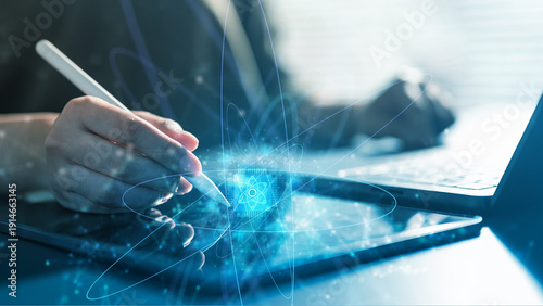 Cuadro en lienzo Researcher using tablet and laptop with quantum computing and AI visualization, representing advanced algorithms, data analysis, artificial intelligence, and scientific innovation