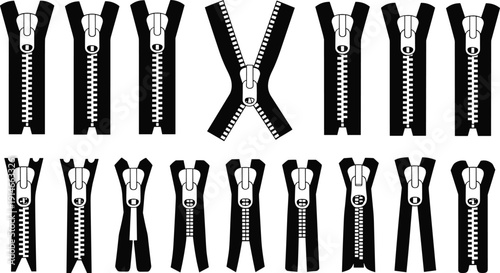 Zipper silhouette set, clothing fastener open and closed zipper variations, sewing notions and tailoring accessories vector collection