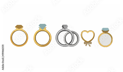 Wedding and engagement ring flat vector set with gold and silver jewellery isolated on white background