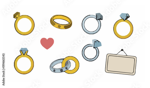 Cute wedding ring vector set with engagement proposal symbols isolated on white background