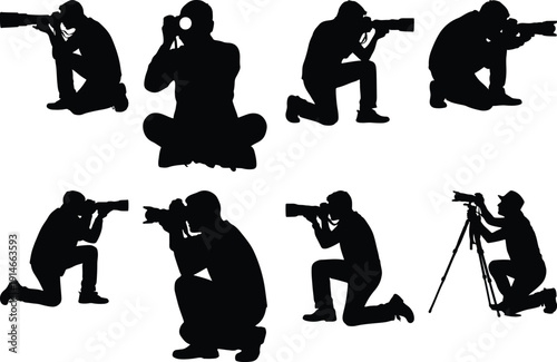 Collection of diverse photographer silhouettes capturing moments with cameras and tripods in various dynamic poses.