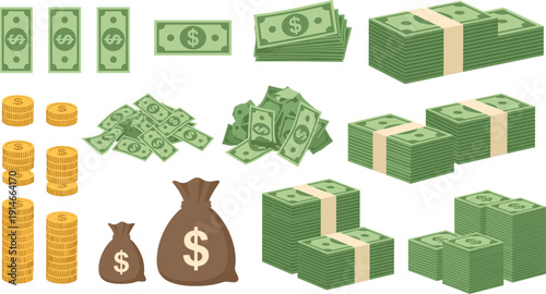 Cartoon money and cash elements set with dollar bills coins stacks and bags flat vector illustration isolated