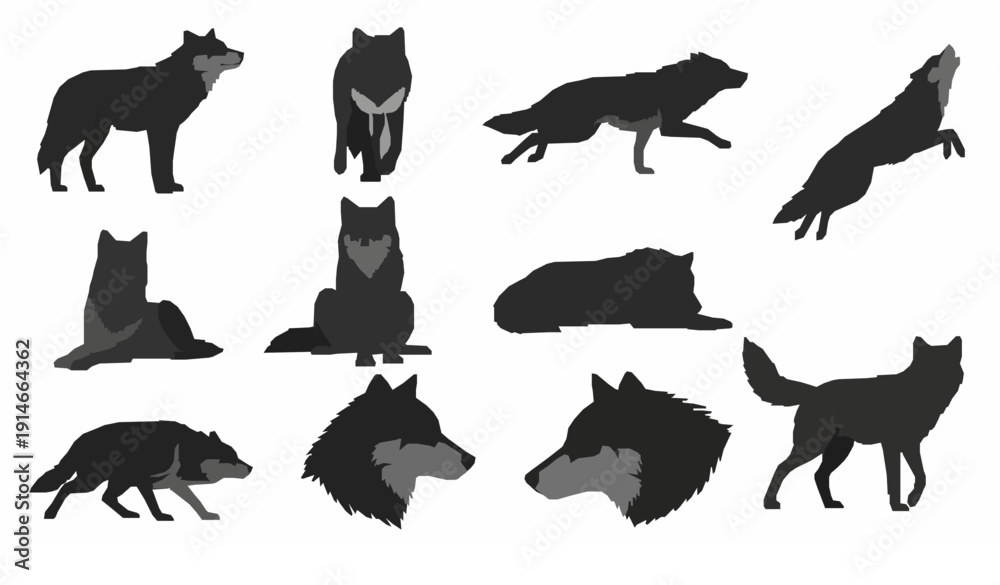 Obraz premium Collection of minimalist wolf silhouettes in various poses, vector art, graphic design elements