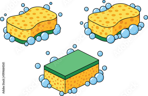 Cleaning sponges with soap bubbles set household dishwashing hygiene concept cartoon vector illustration isolated on white
