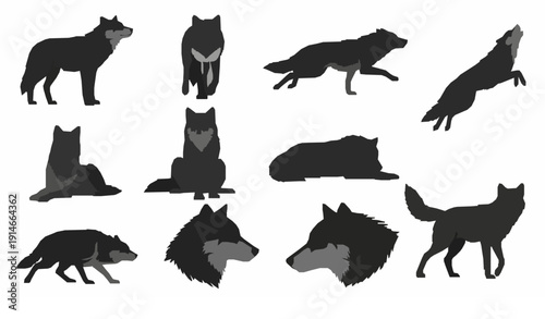 Collection of minimalist wolf silhouettes in various poses, vector art, graphic design elements