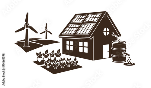 Eco-Friendly Sustainable Home Illustration with Renewable Energy Elements