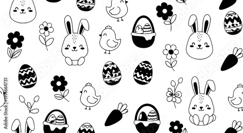Elegant Easter floral seamless pattern with decorative eggs and spring flowers
