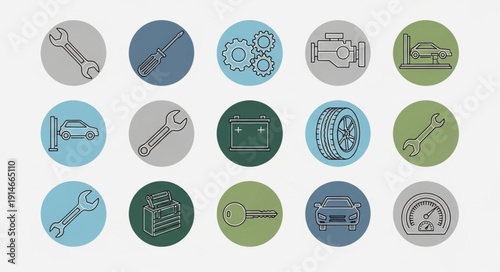 Collection of automotive repair and maintenance tools icons.